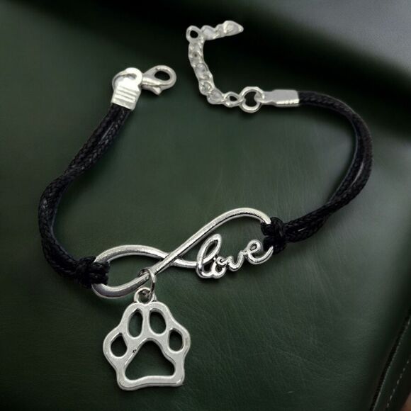 Paw Print 🐾 Dog Mom 🐾 Cat Lady Pet Lover Charm Bracelet Black Faux Leather - Picture 5 of 11